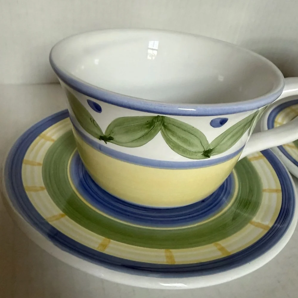 Williams-Sonoma Marisol Coffee Latte Mugs Cup 2pc Italy Ceramic With Saucers